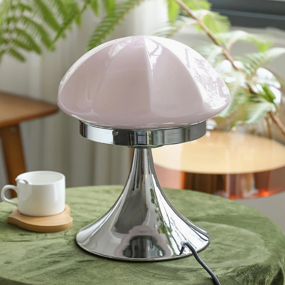 Dario mushroom table lamp pale pink glass shade with polished chrome stand on velvet furniture styling