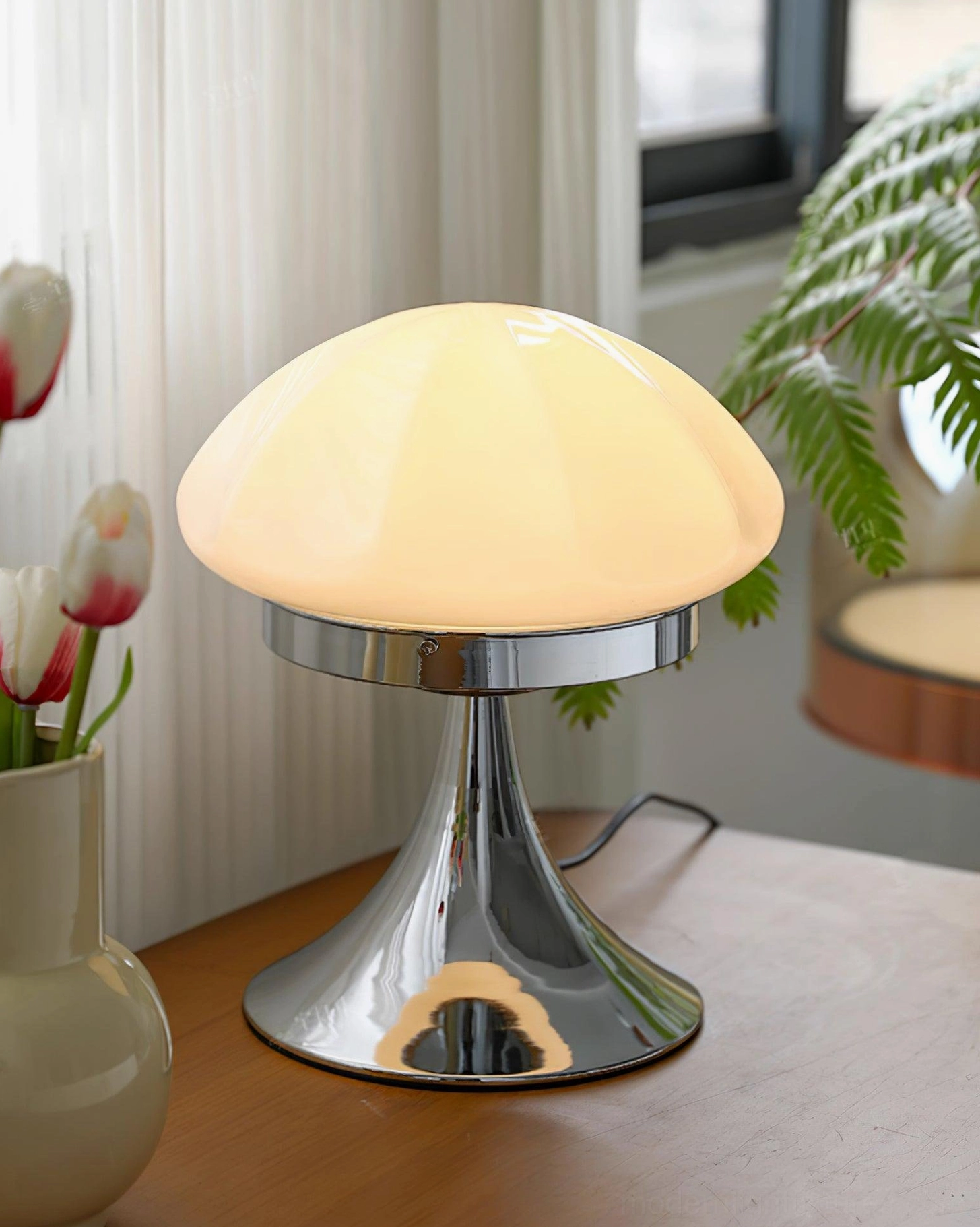 Dario mushroom table lamp pink glass shade contemporary Scandinavian interior styling with plants