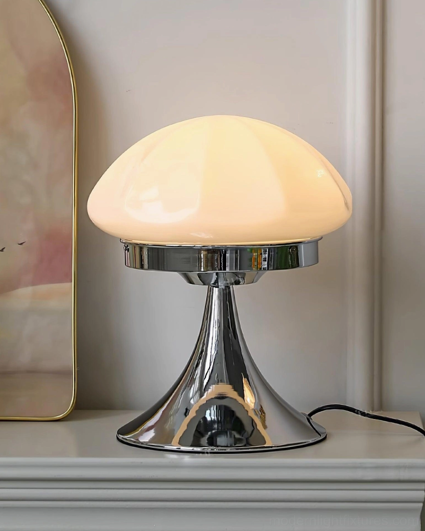 Dario mushroom table lamp pink glass shade in eclectic bohemian interior design with warm lighting