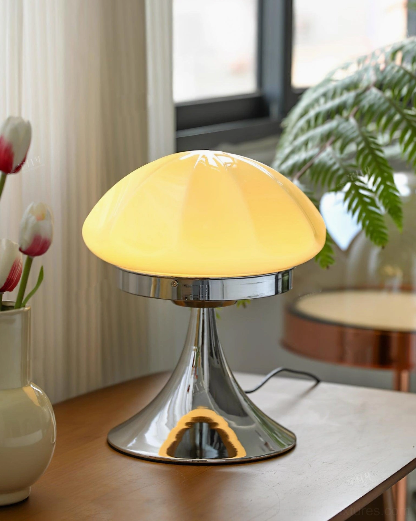 Dario mushroom table lamp pink glass shade on contemporary furniture with minimalist home styling