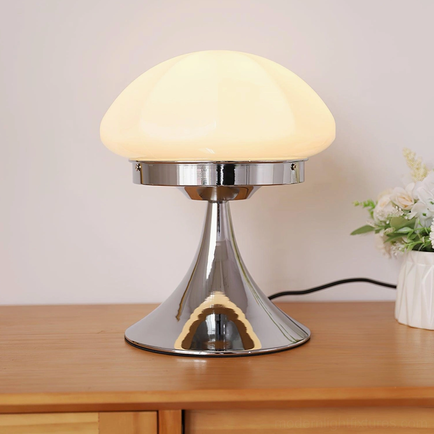 Dario mushroom table lamp pink glass shade in mid-century modern interior design setting