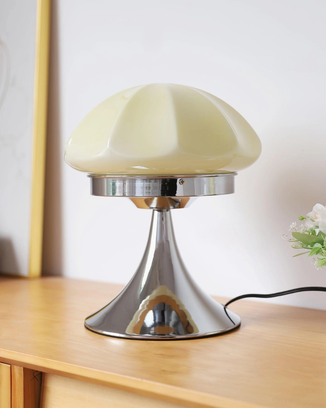 Dario mushroom table lamp white faceted glass showing architectural silhouette and clean lines