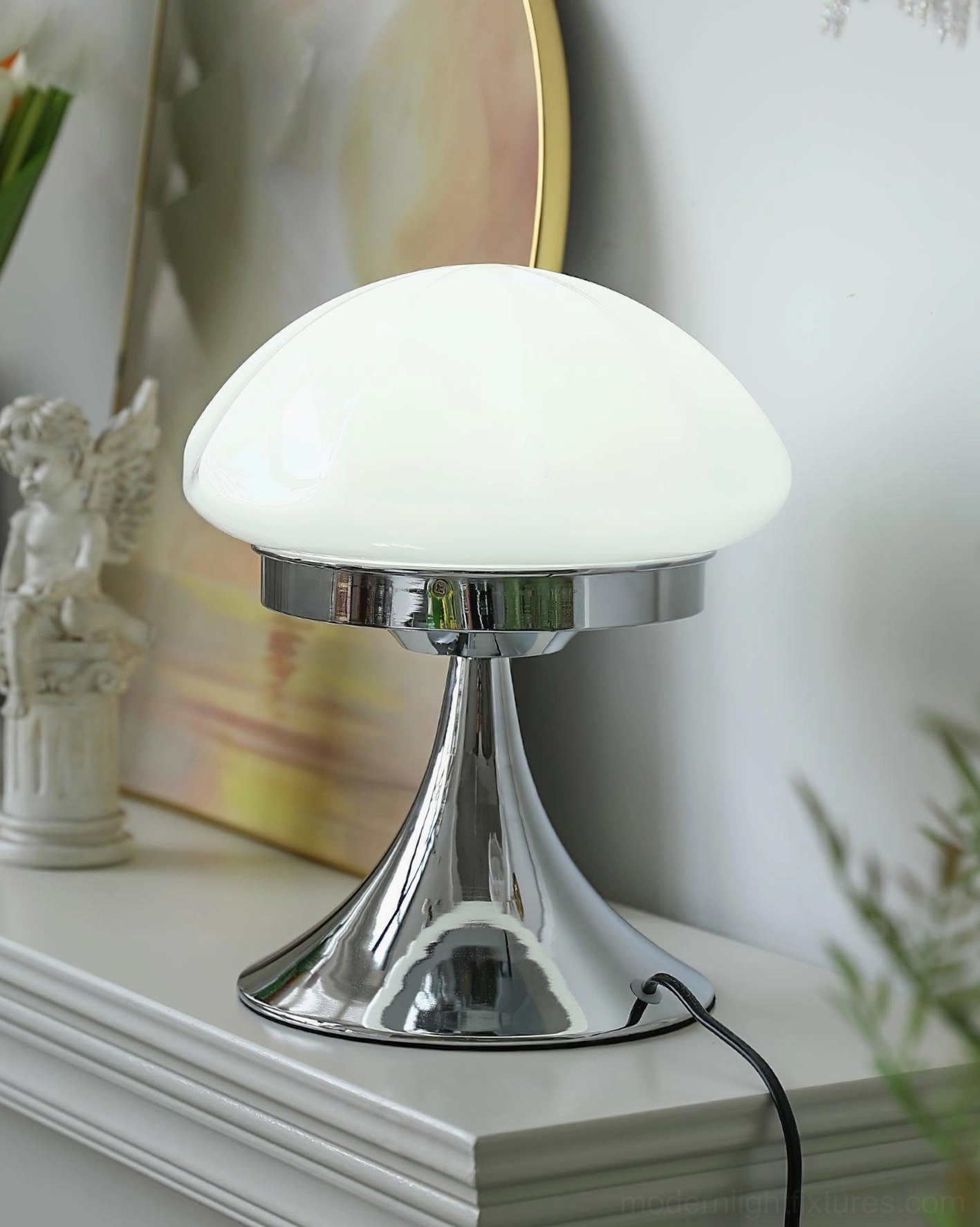 Dario mushroom table lamp pure white faceted glass shade with polished chrome base on fireplace mantel