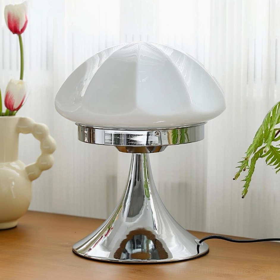 Dario mushroom table lamp white faceted glass shade with chrome metal base on wooden side table with decorative jug