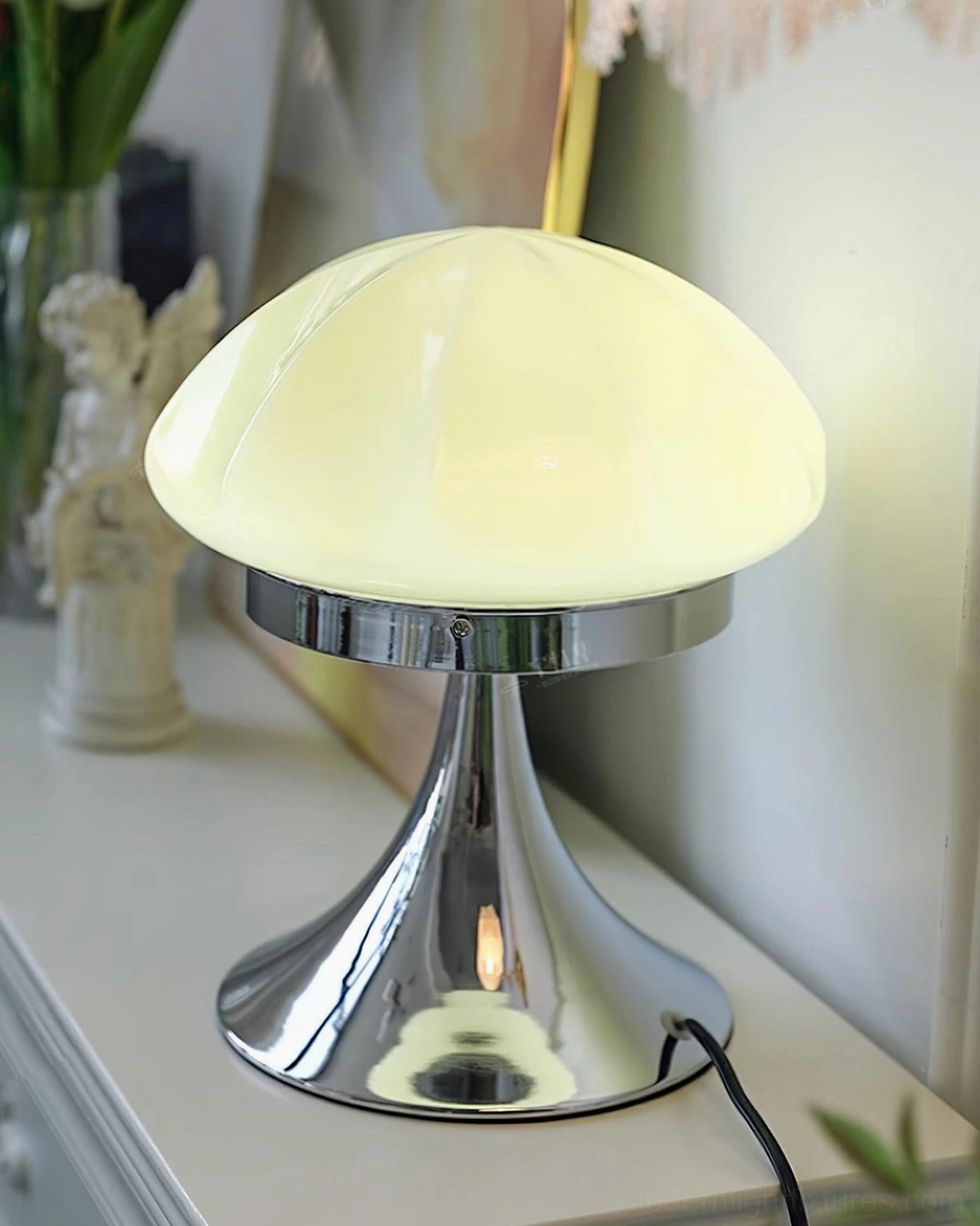 Dario mushroom table lamp white glass shade on side table with coffee service and home decor
