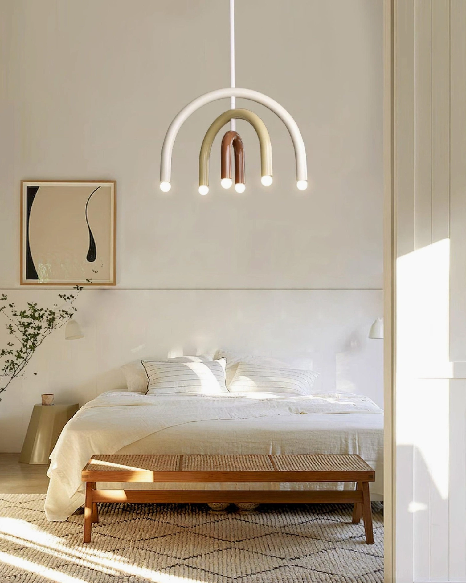 Arc pendant fixture in dark blue tone installed in modern bedroom lighting design