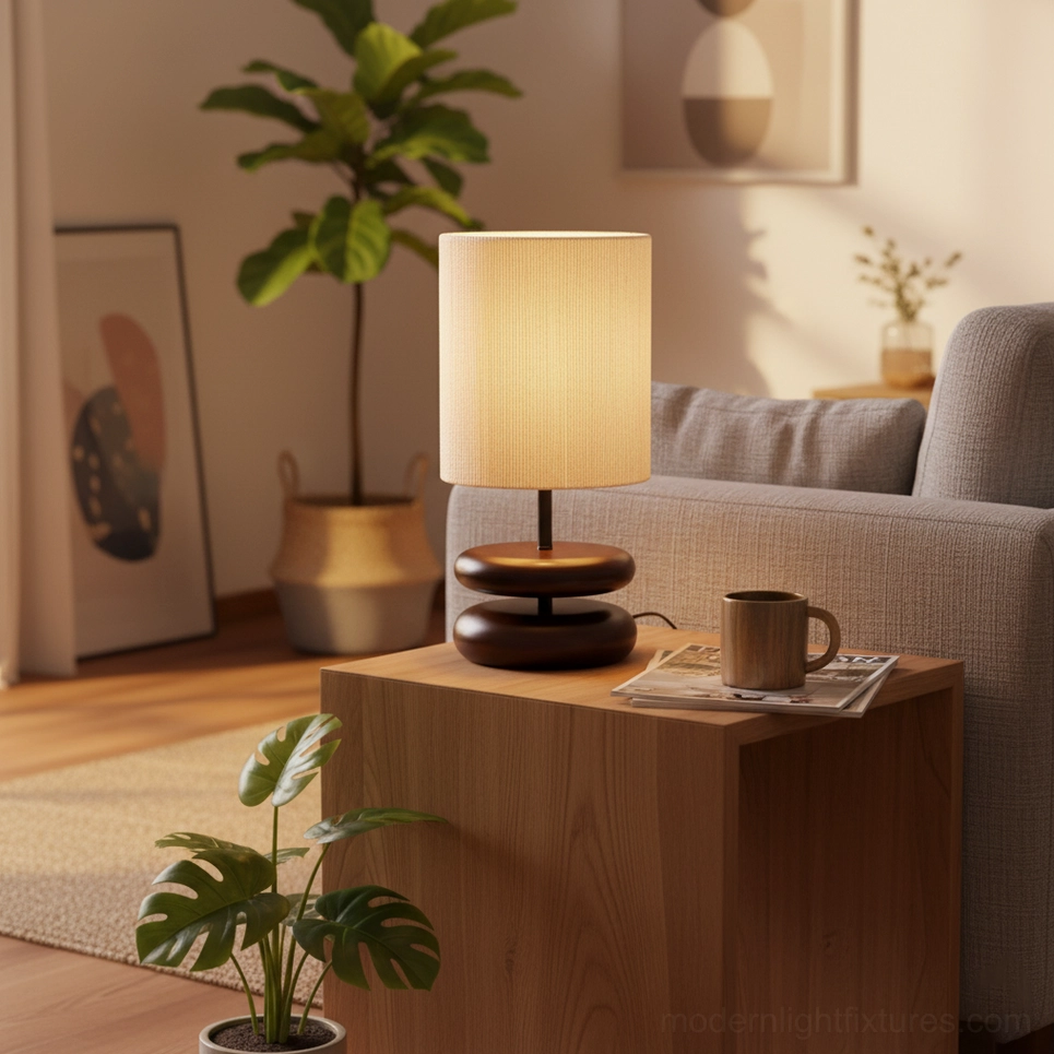 Dark brown wood stacked lamp with fabric shade on sofa side table in bright living room