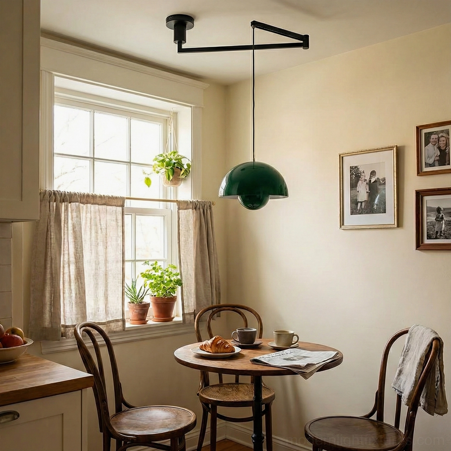 Dark green glossy swing arm pendant light in warm minimalist kitchen window nook