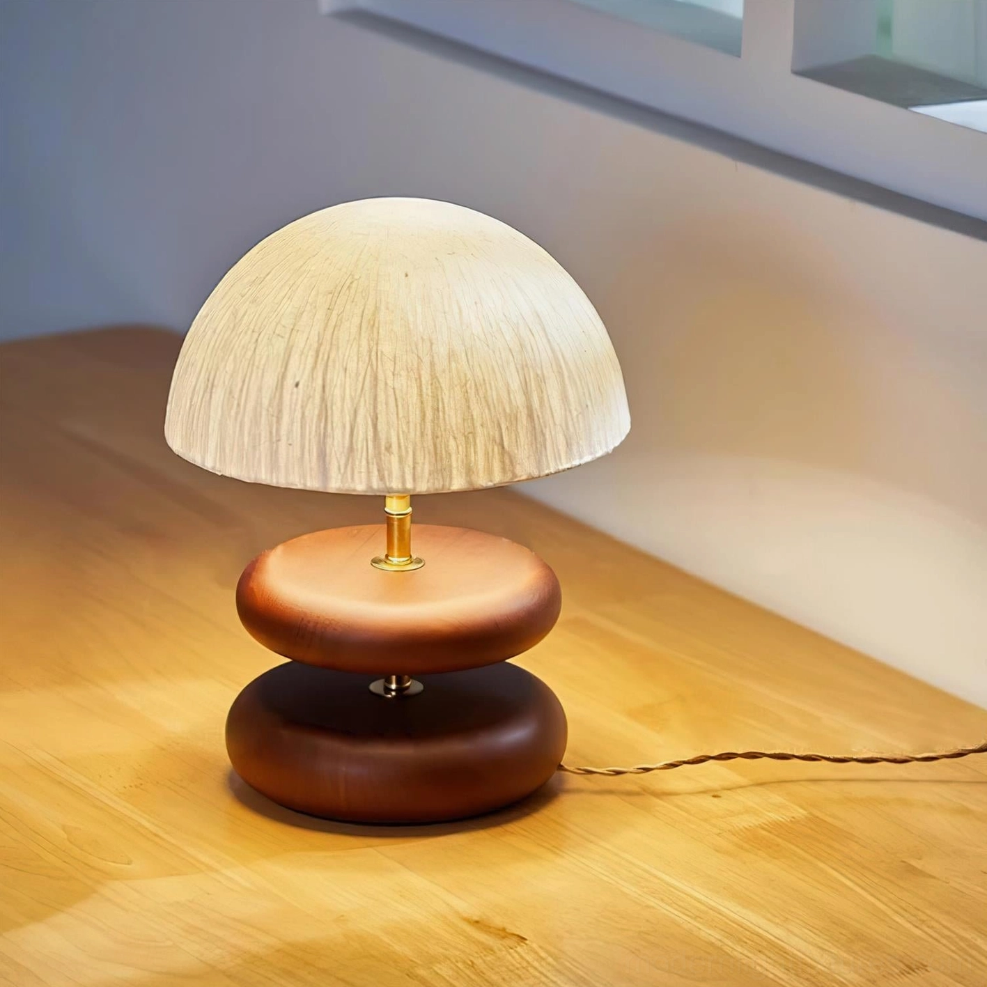 Dark walnut stacked wood ring table lamp direct front view solid wood double base brass metal parts