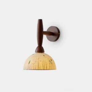 Playa dark brown walnut wood wall sconce with natural fiber rice paper dome shade, front low-angle studio view