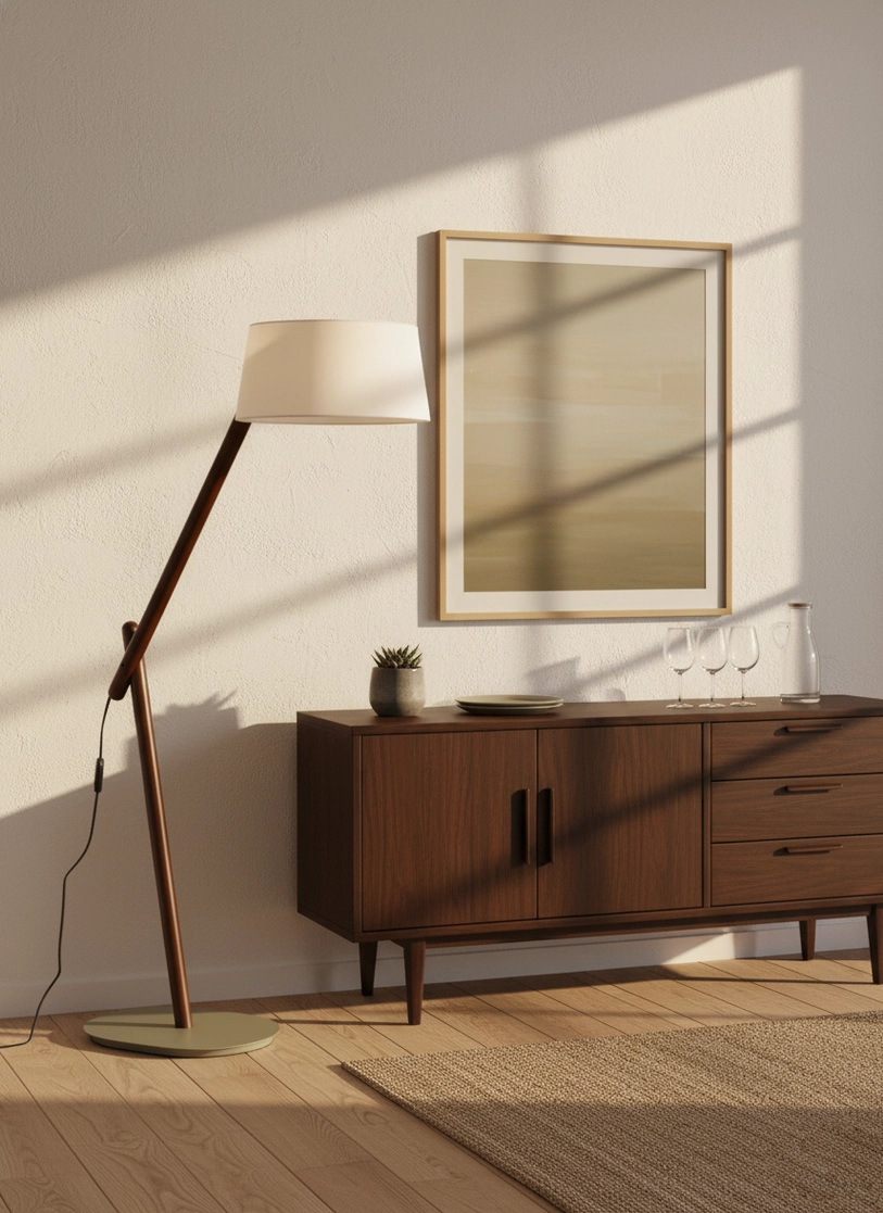 Dark wood tone arc floor lamp with white tapered shade beside cabinet in minimalist bright living room