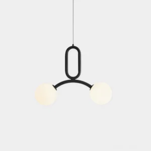 Darla modern globe pendant light front view with black metal frame and white frosted glass shades on white background