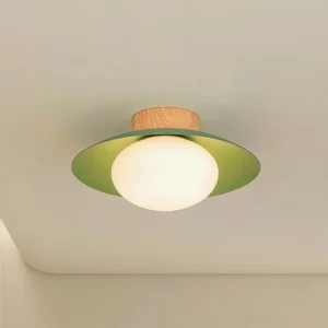 Modern flush mount ceiling light with wood color and green finish - overhead angled view showing frosted glass diffuser