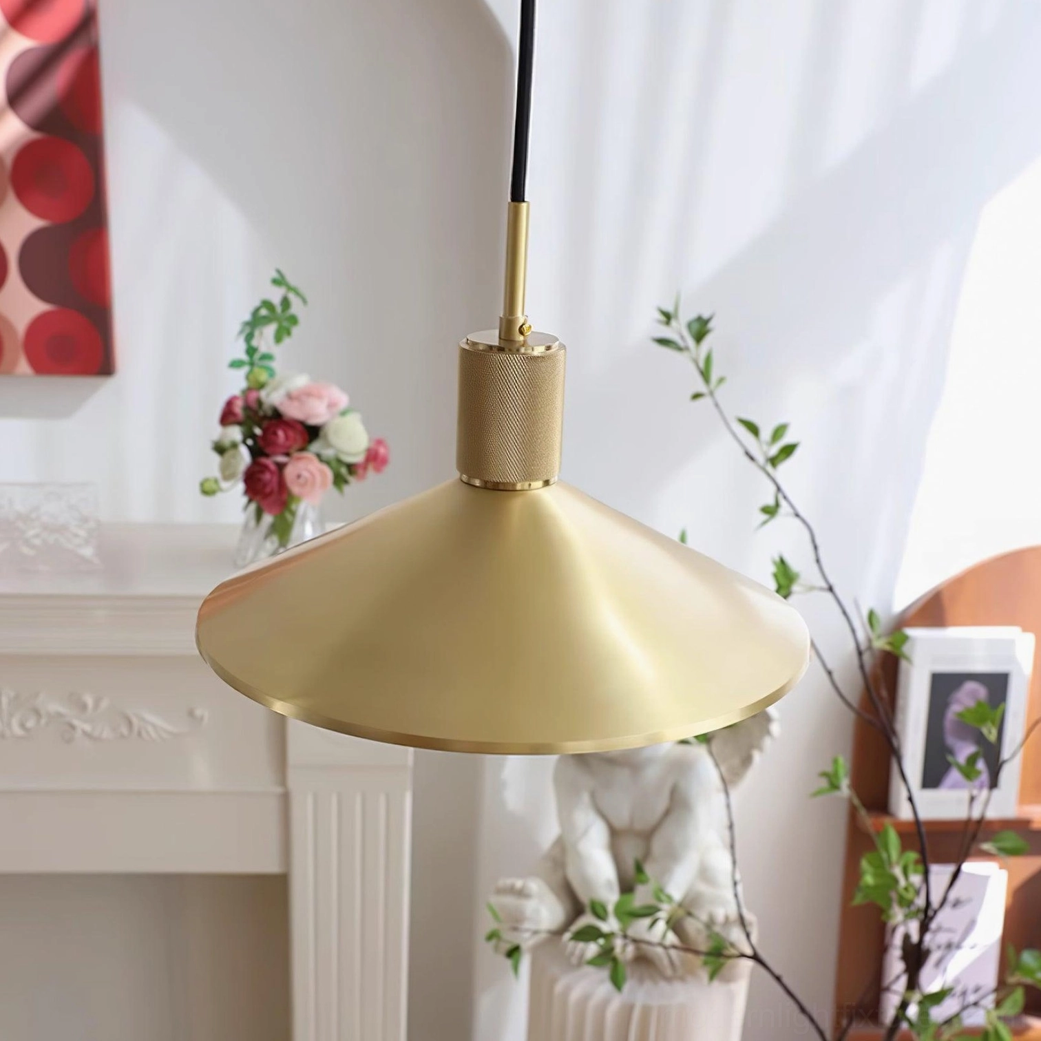 Decorative brass conical shade pendant light creating focused downward illumination over dining surface