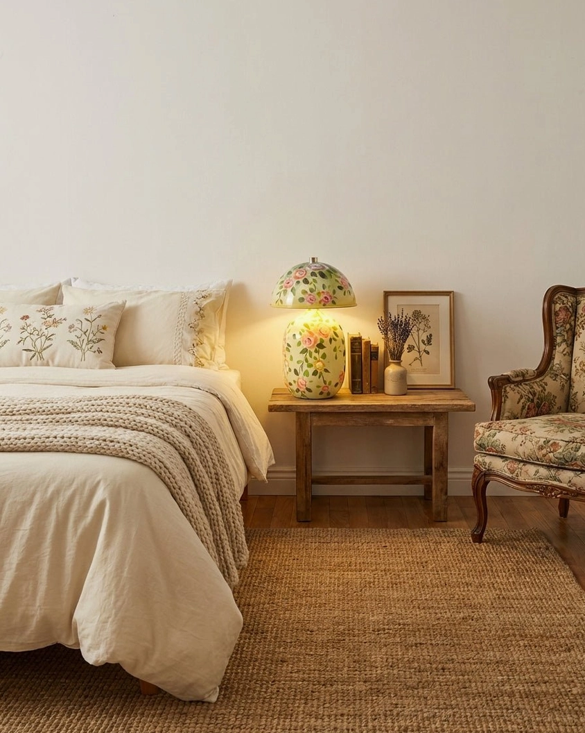 Decorative ceramic mushroom table lamp with sculptural form and hand-painted artistic details