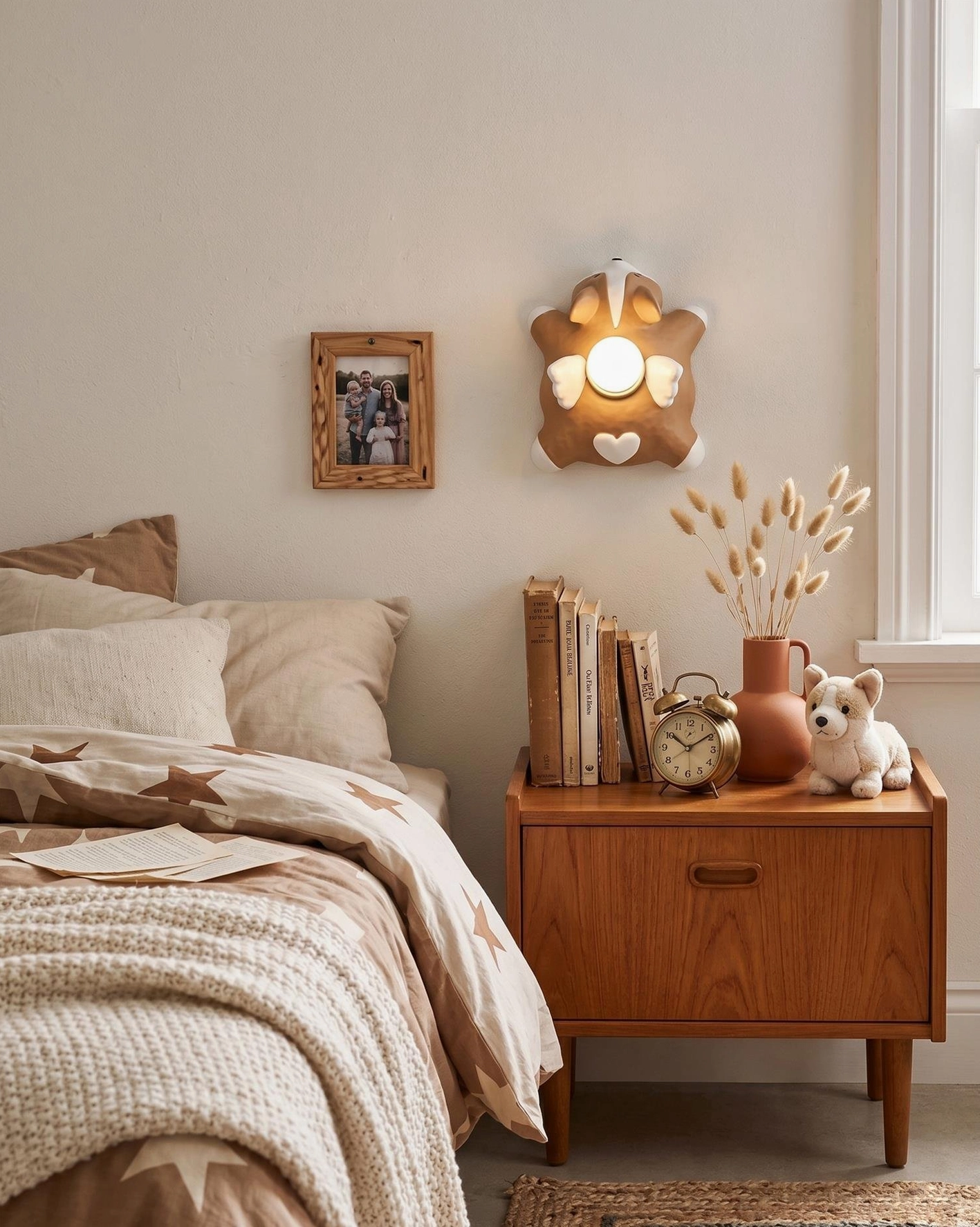 Flower heart wall sconce in warm neutral bedroom with soft ambient glow