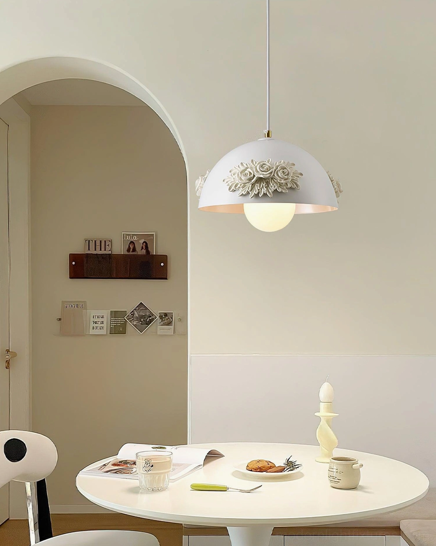 Decorative floral dome pendant light showing 3D rose details and metal frame construction, contemporary romantic ceiling fixture
