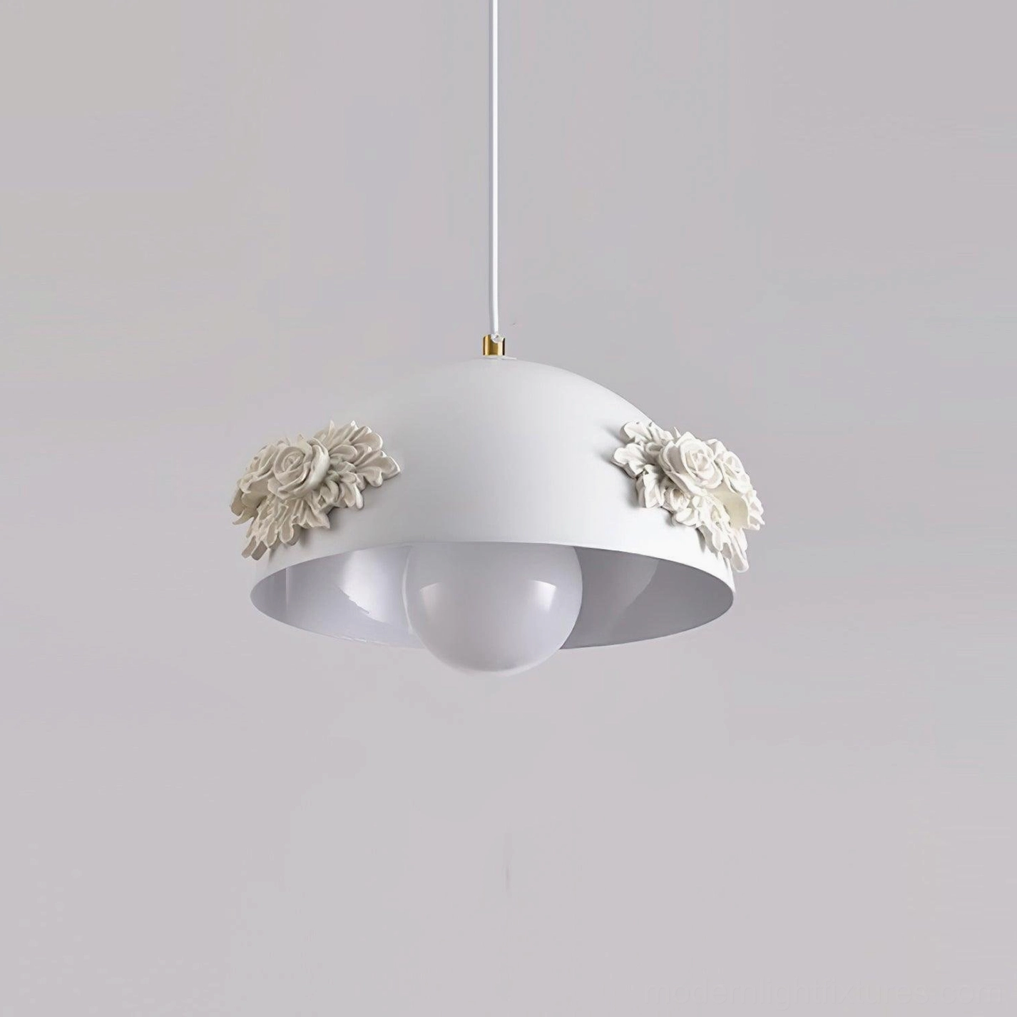 Decorative floral pendant ceiling fixture with 3D rose elements, acrylic dome shade, modern romantic interior lighting