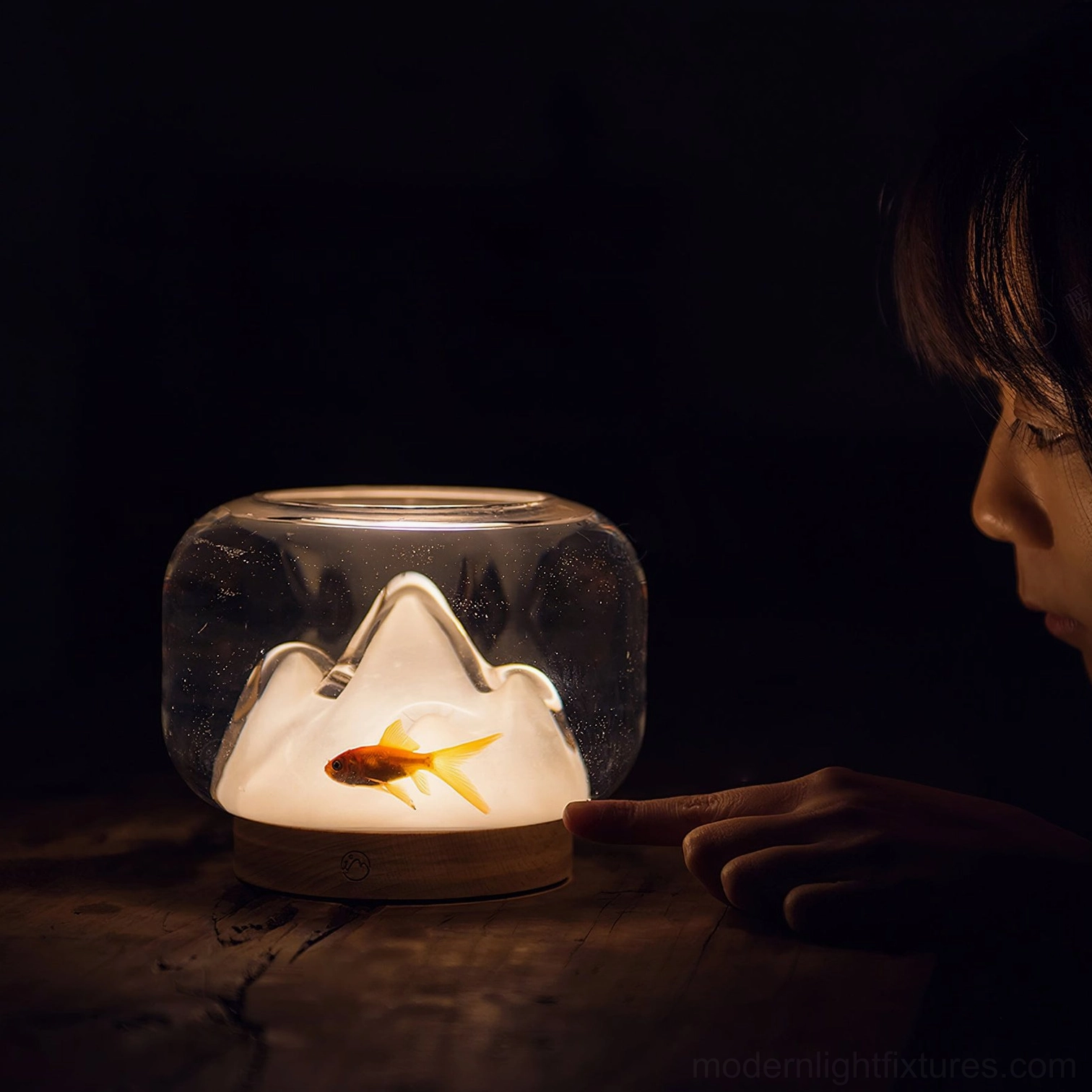 Decorative warm mountain lamp with goldfish ornament inside glass dome, interactive close-up side view