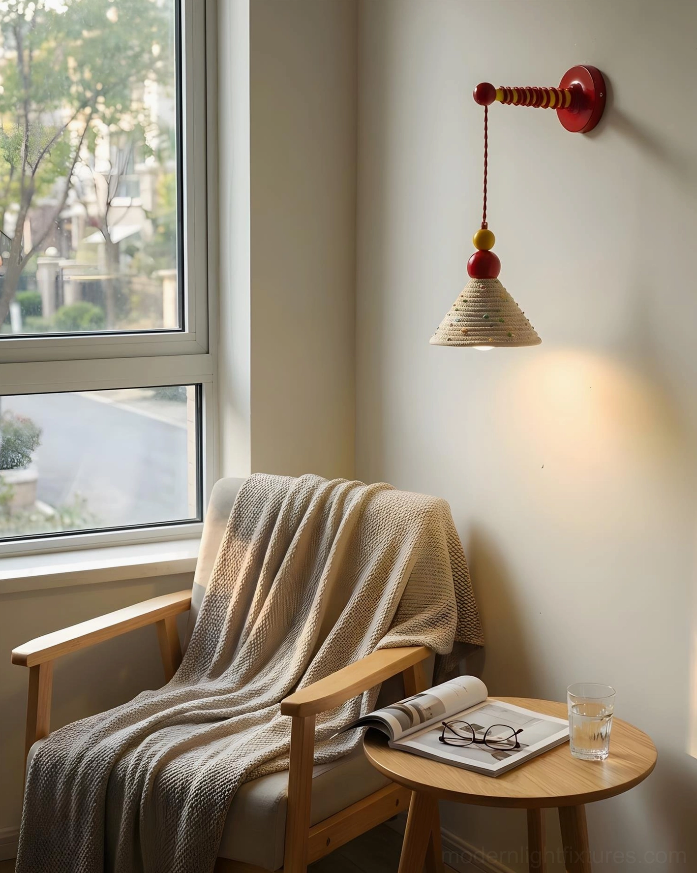 Artistic fabric wall sconce mounted in residential lounge corner near window providing warm ambient lighting