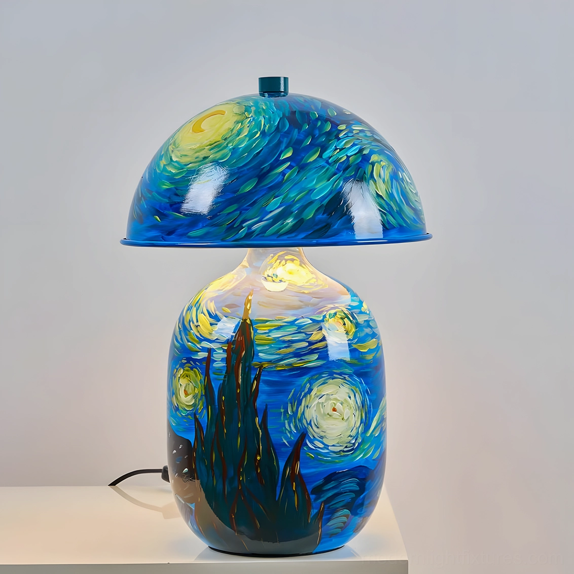 Deep blue glazed ceramic mushroom table lamp with sophisticated artistic hand-painted finish