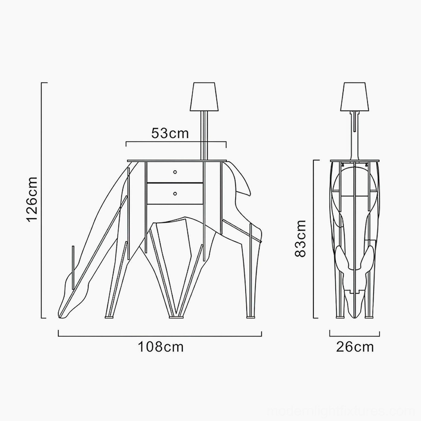 Technical specifications drawing for compact deer floor lamp model, orthographic blueprint with dimensional measurements