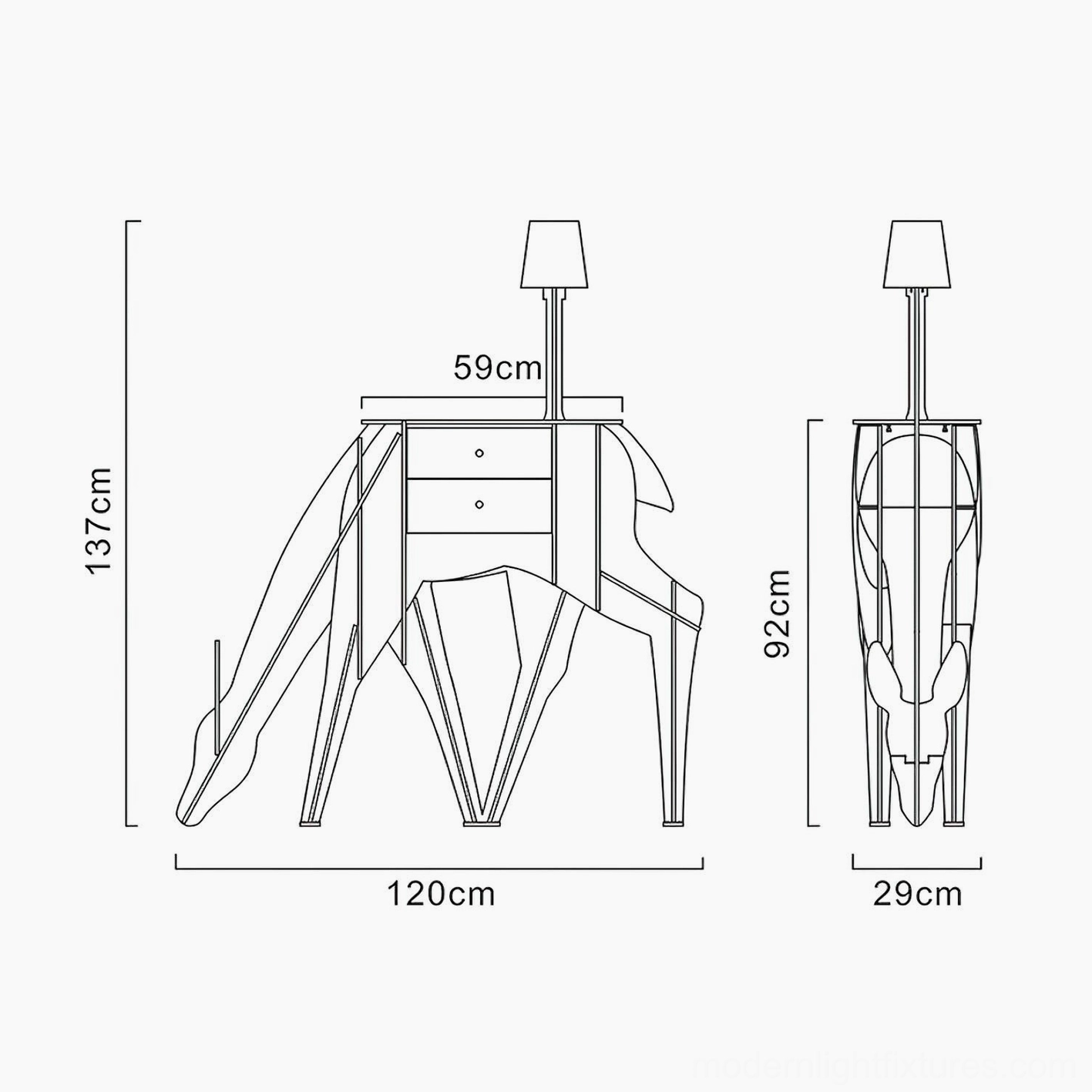 Technical specifications drawing for statement-size deer floor lamp model, orthographic blueprint with dimensional measurements
