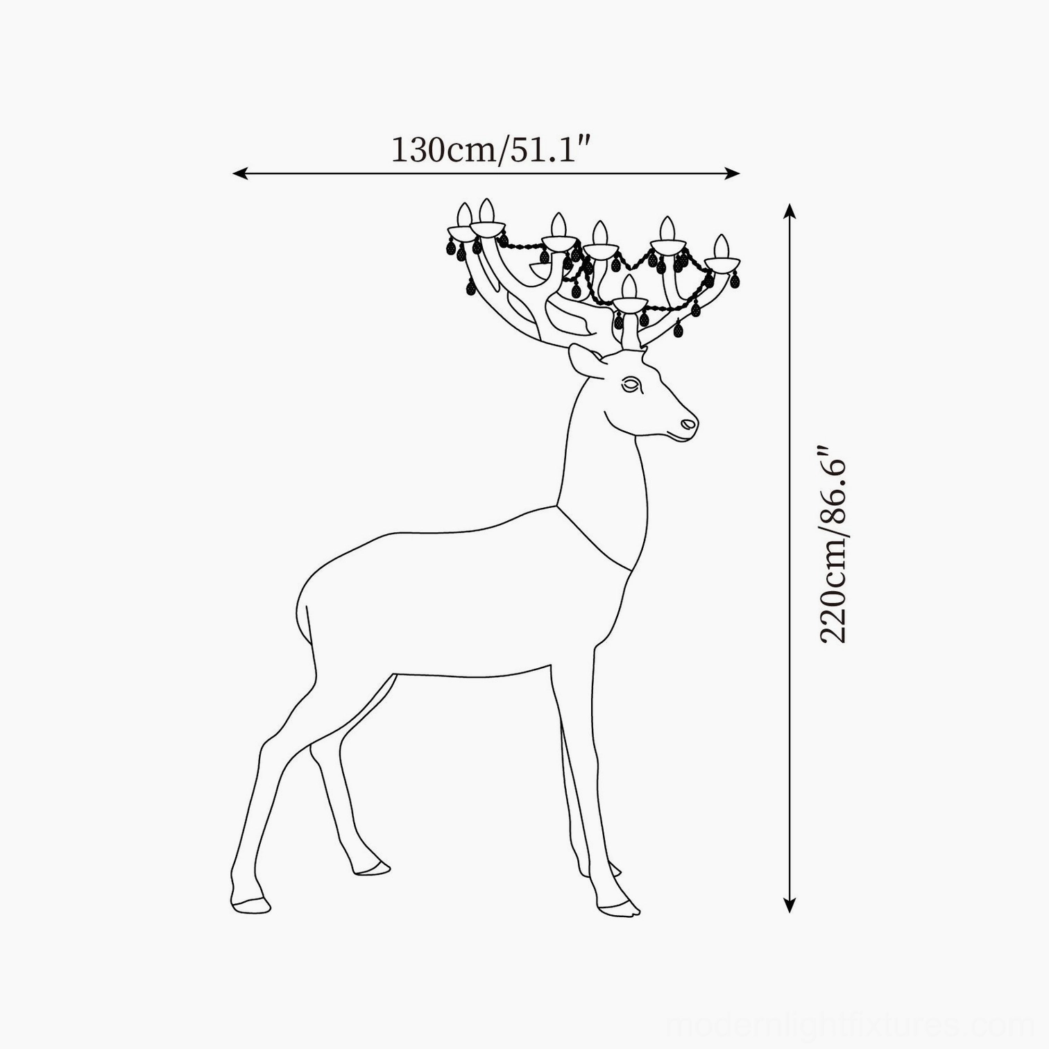 Technical orthographic dimension drawing of deer sculpture floor lamp showing 130cm width and 220cm height specifications