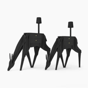 Two-size deer animal floor lamp comparison set, matte black contemporary design with integrated lighting and storage functionality