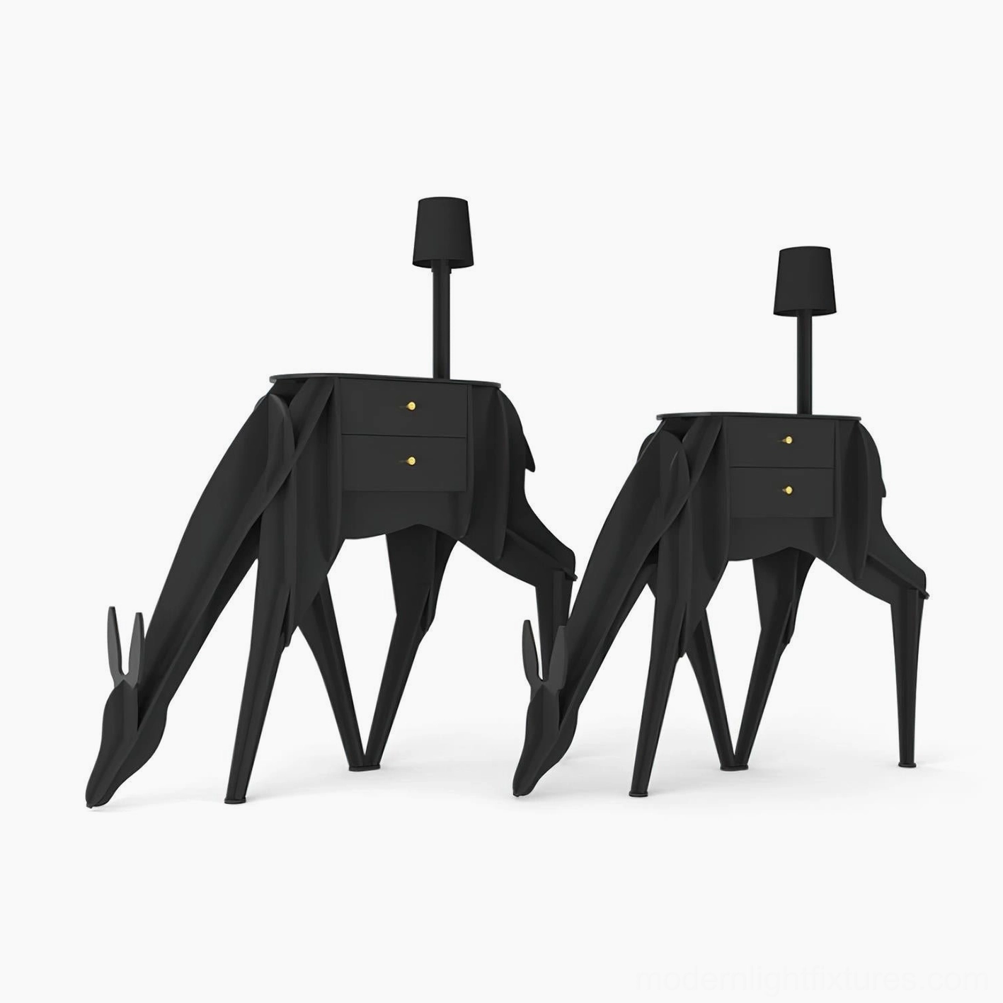Two-size deer animal floor lamp comparison set, matte black contemporary design with integrated lighting and storage functionality