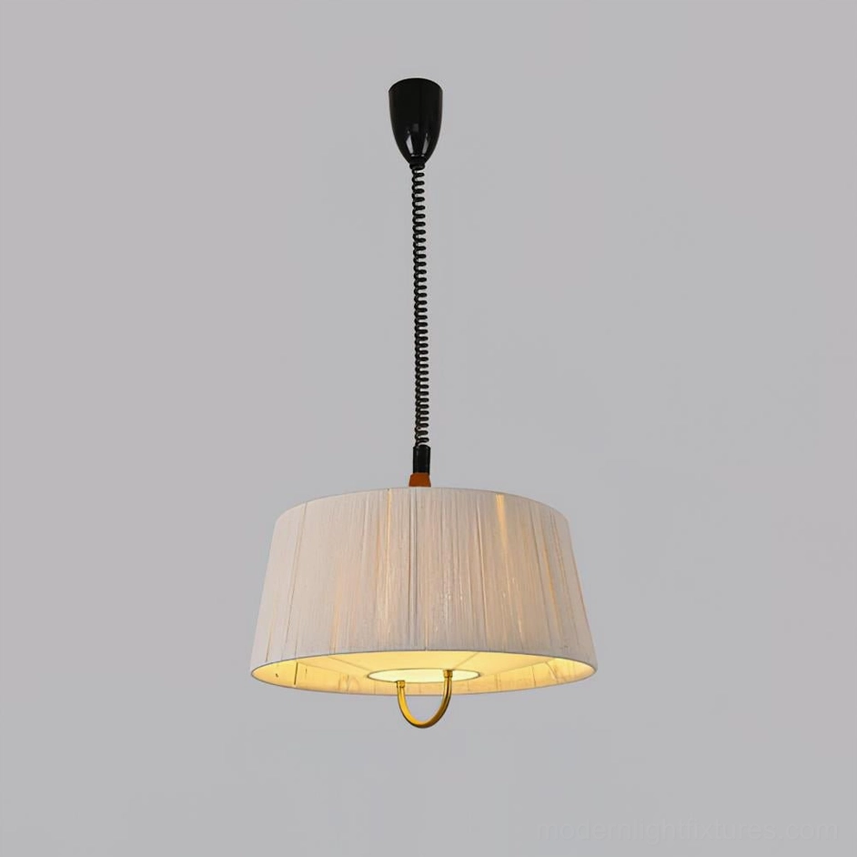 Delaney pendant light with black coiled suspension cord and wood-grain fitting, beige pleated drum shade - frontal product photography