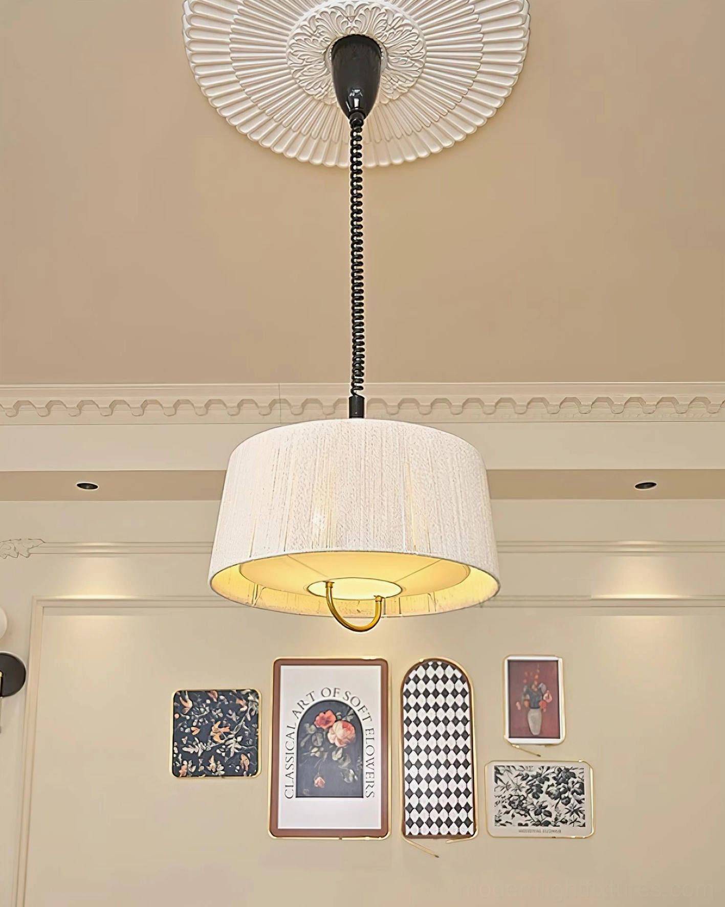 Delaney tapered drum pendant light mounted in modern contemporary interior space demonstrating mid-century design aesthetic