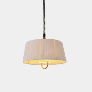 Delaney tapered drum pendant light with pleated hemp rope shade, gold metal accents, and black coiled suspension cord - frontal studio product view