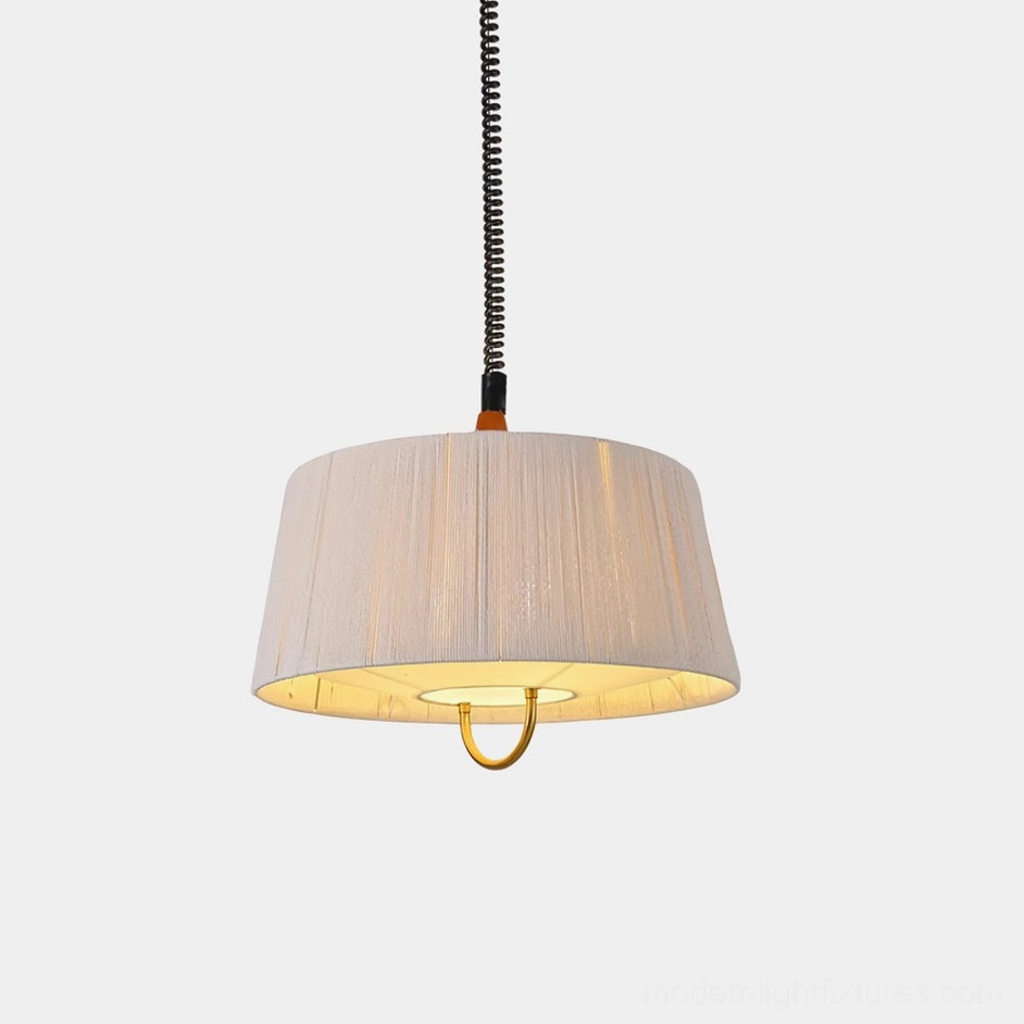Delaney tapered drum pendant light with pleated hemp rope shade, gold metal accents, and black coiled suspension cord - frontal studio product view