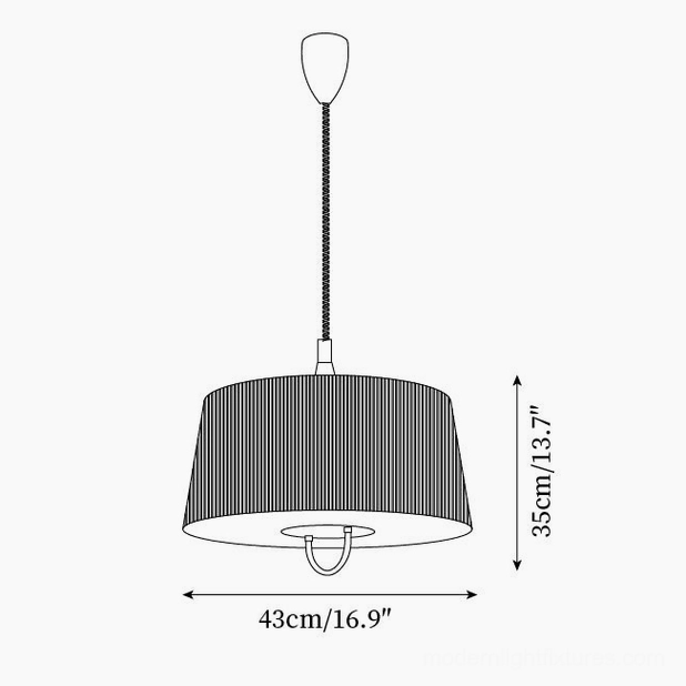 Technical schematic drawing of Delaney pendant light showing orthographic dimensions - 43cm width and 35cm height line art