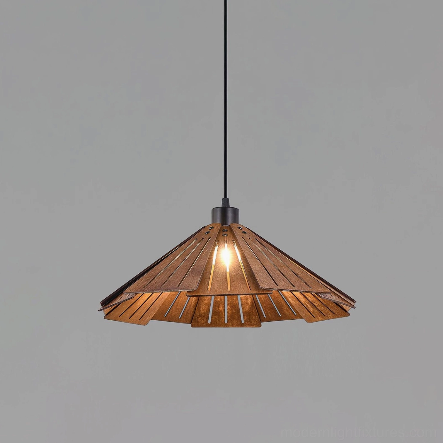 Delfina wood pendant light Model A showing warm walnut finish and organic aesthetic