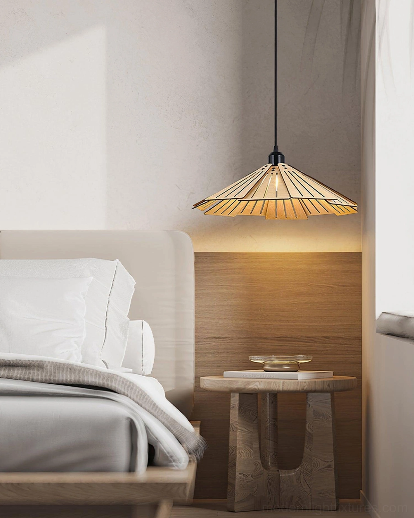 Delfina wood pendant light in bedroom bedside area creating warm ambient lighting