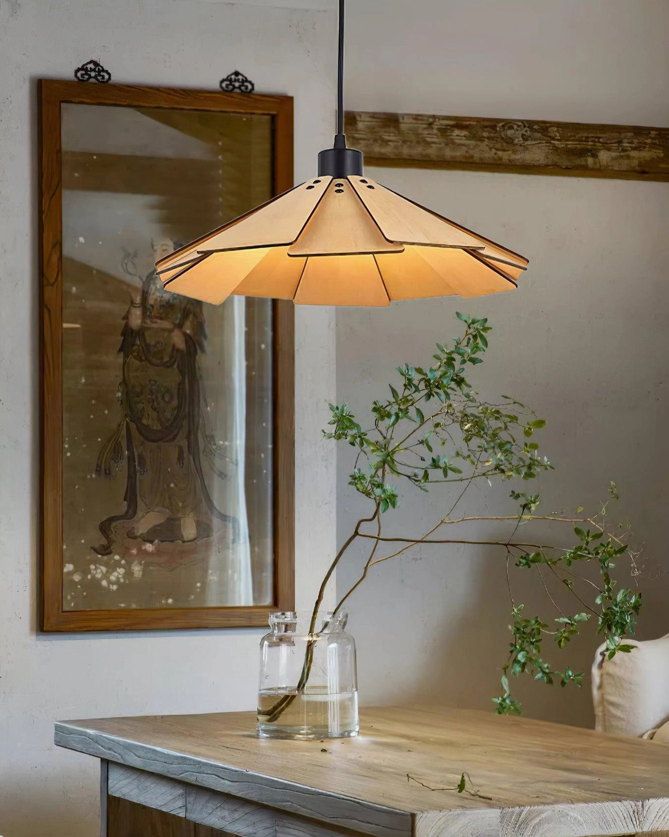Delfina wooden pendant light in natural wood color finish soft diffused illumination