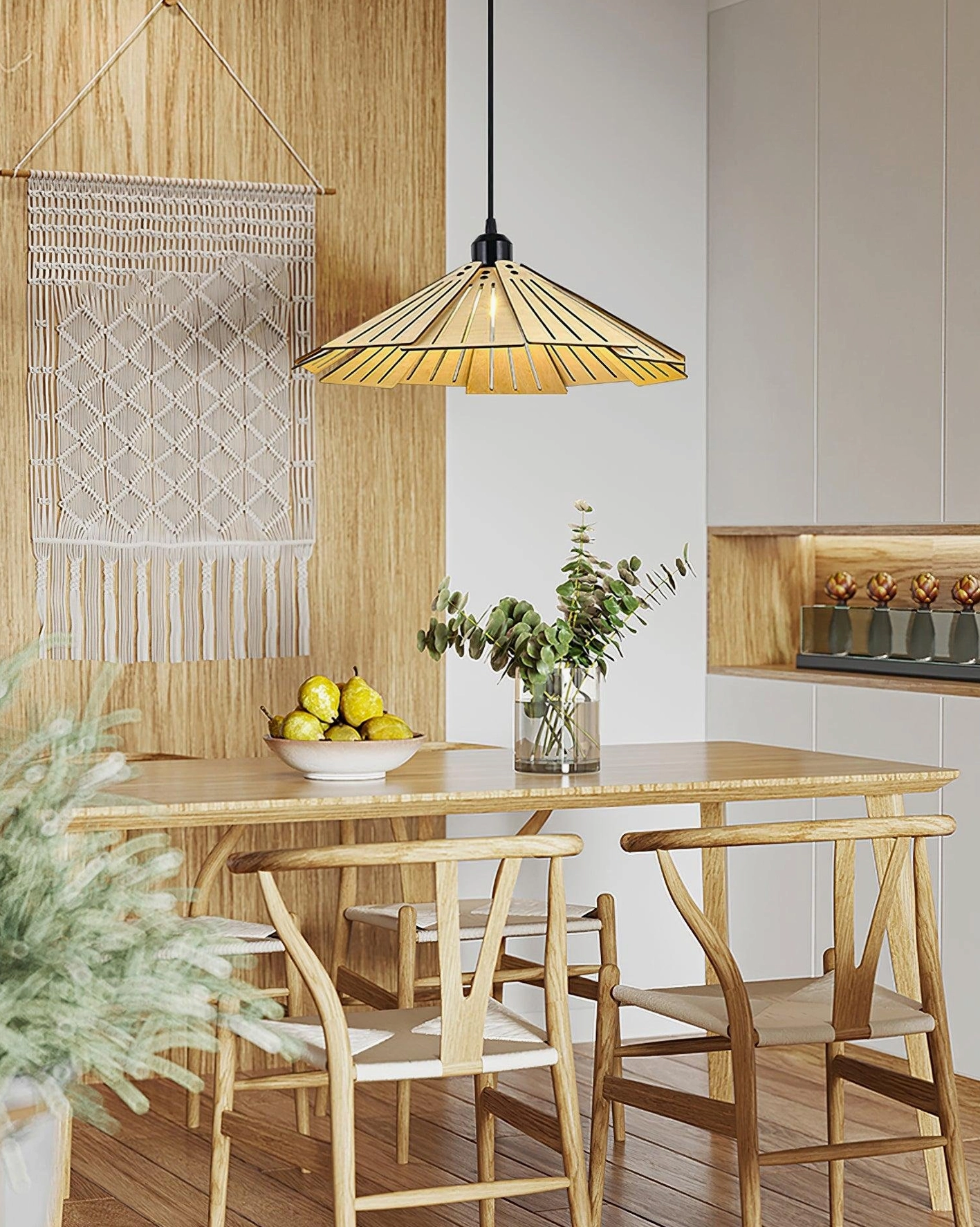 Delfina wood pendant light hanging above wooden dining table in modern Nordic kitchen interior
