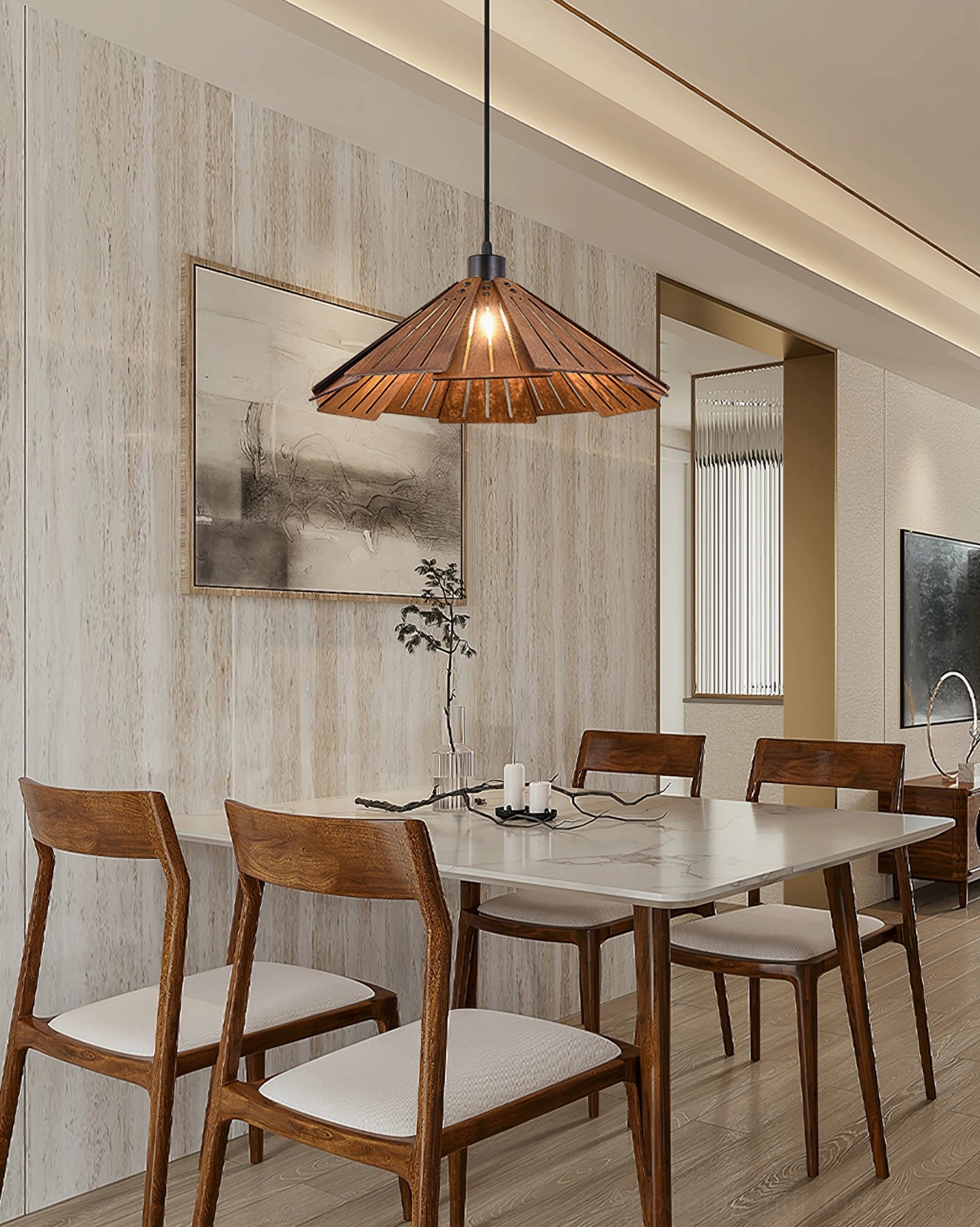 Delfina wooden pendant light showing full range of finishes and size options
