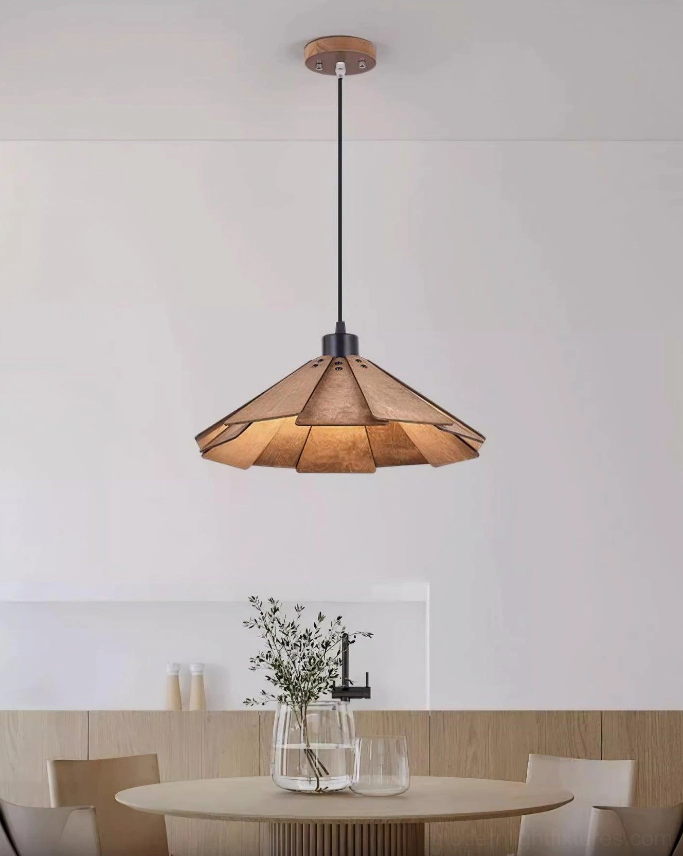 Delfina wooden pendant light with adjustable cord over kitchen counter island