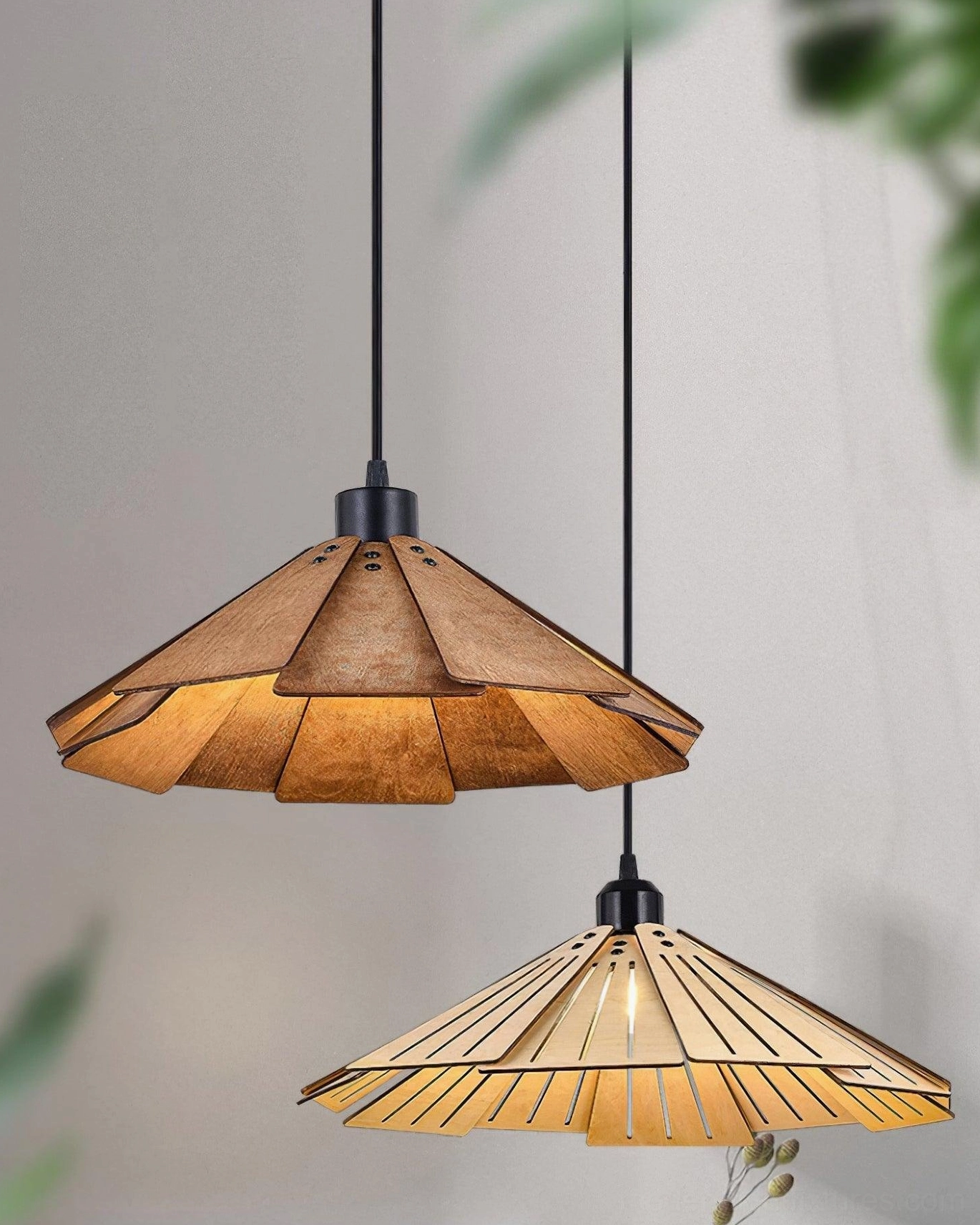 Delfina wood pendant light showing metal hardware and construction details