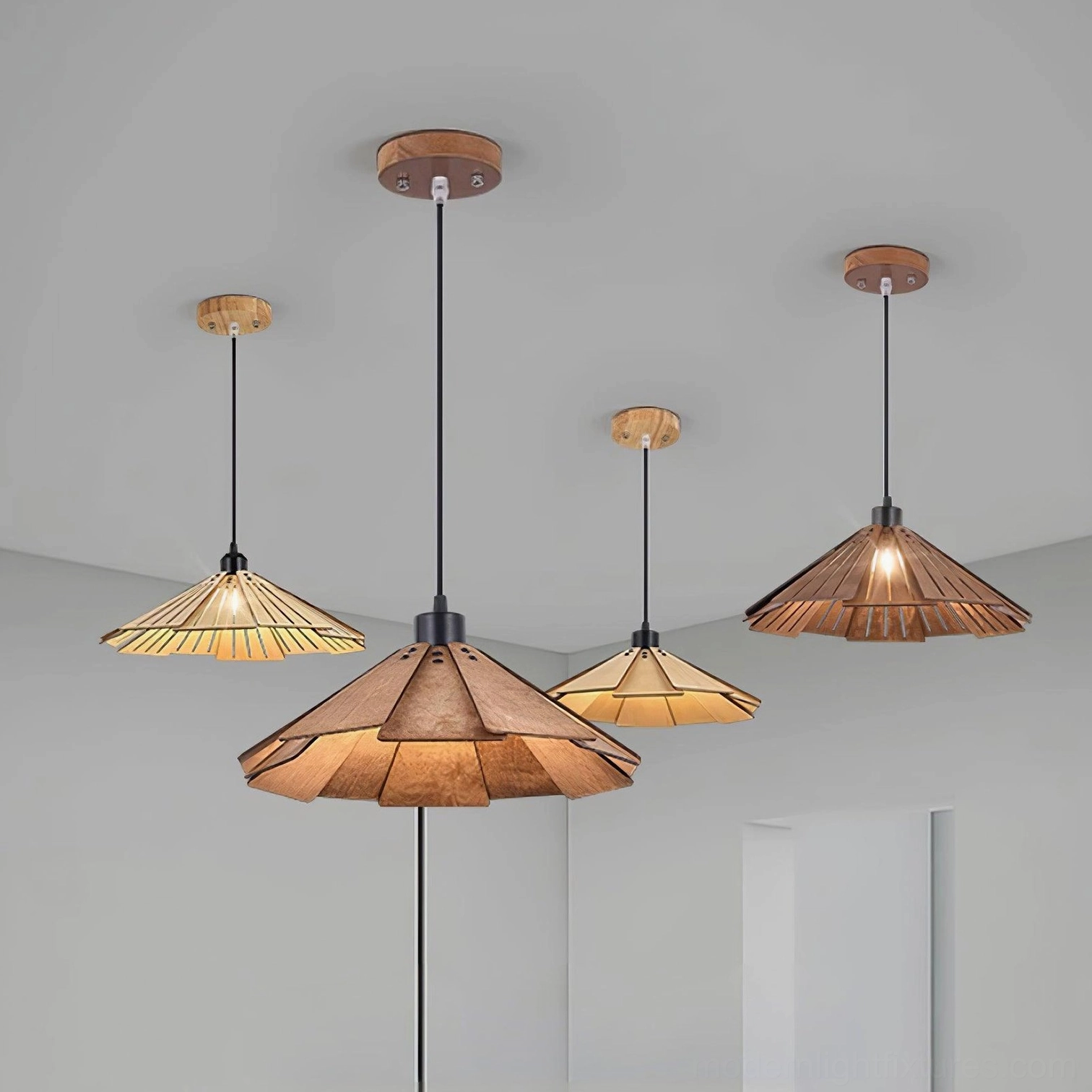 Delfina wooden pendant light fixture displaying natural wood grain and organic texture