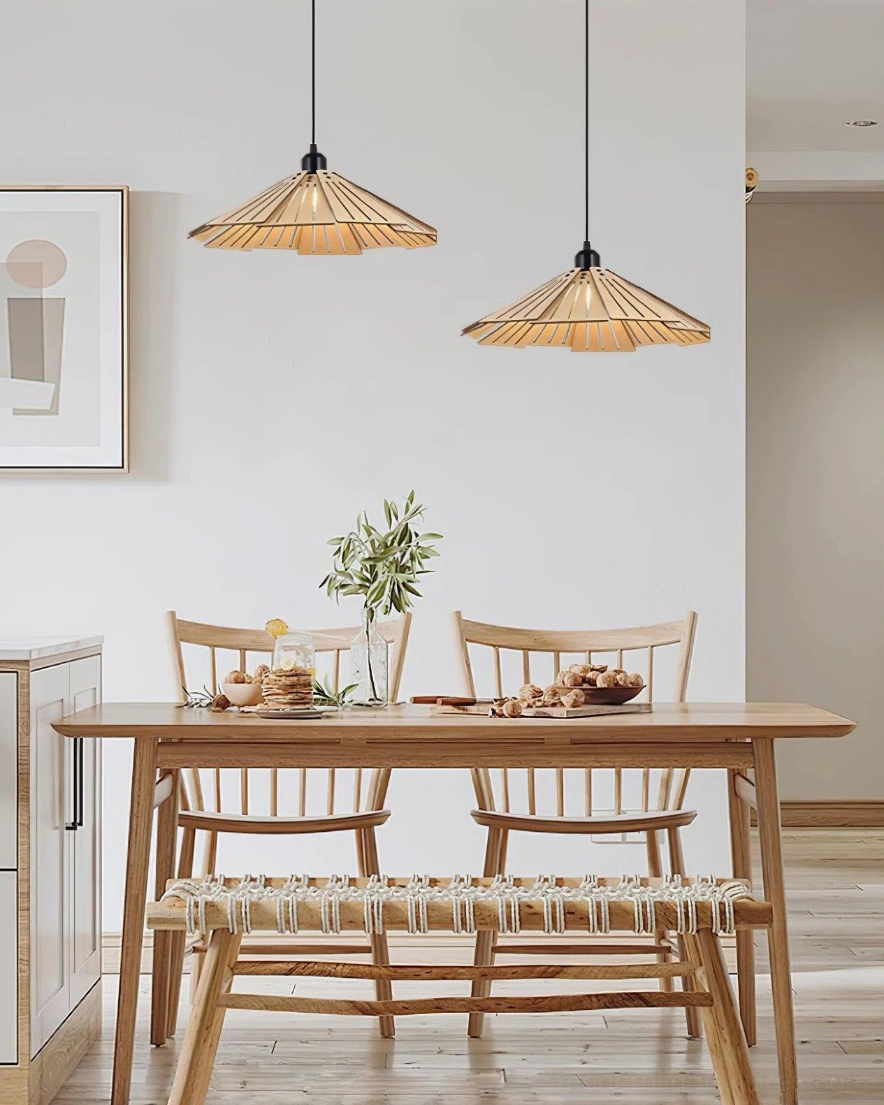 Delfina wood pendant light creating dramatic shadow play and ambient atmosphere
