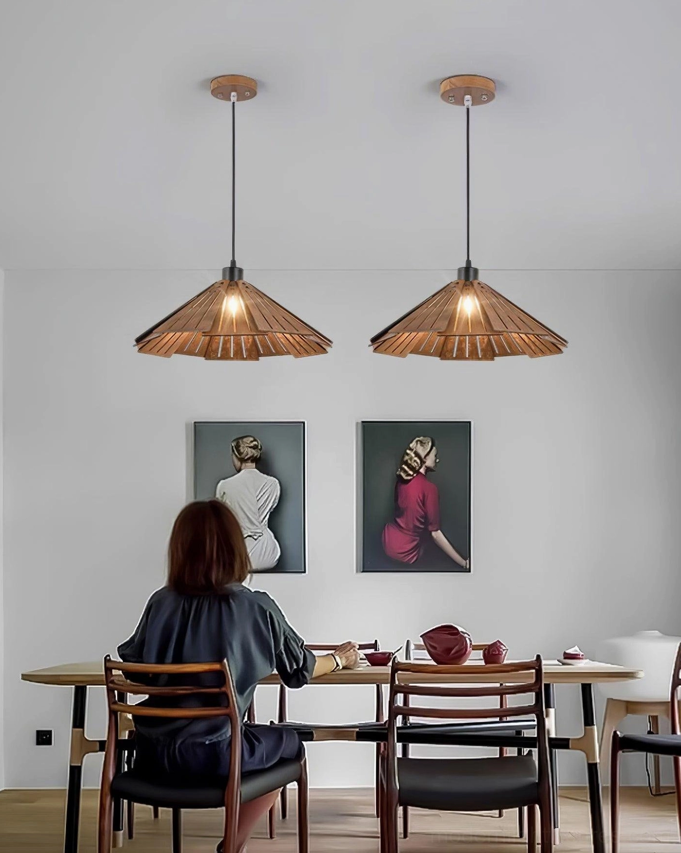 Delfina wood pendant lamp showing walnut finish in contemporary interior setting