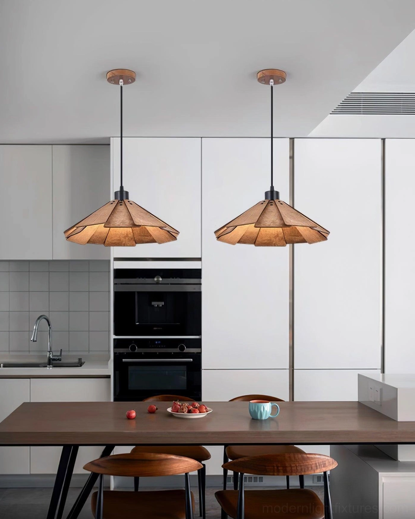 Delfina wood pendant lamp cluster installation showing Wabi-Sabi aesthetic layering