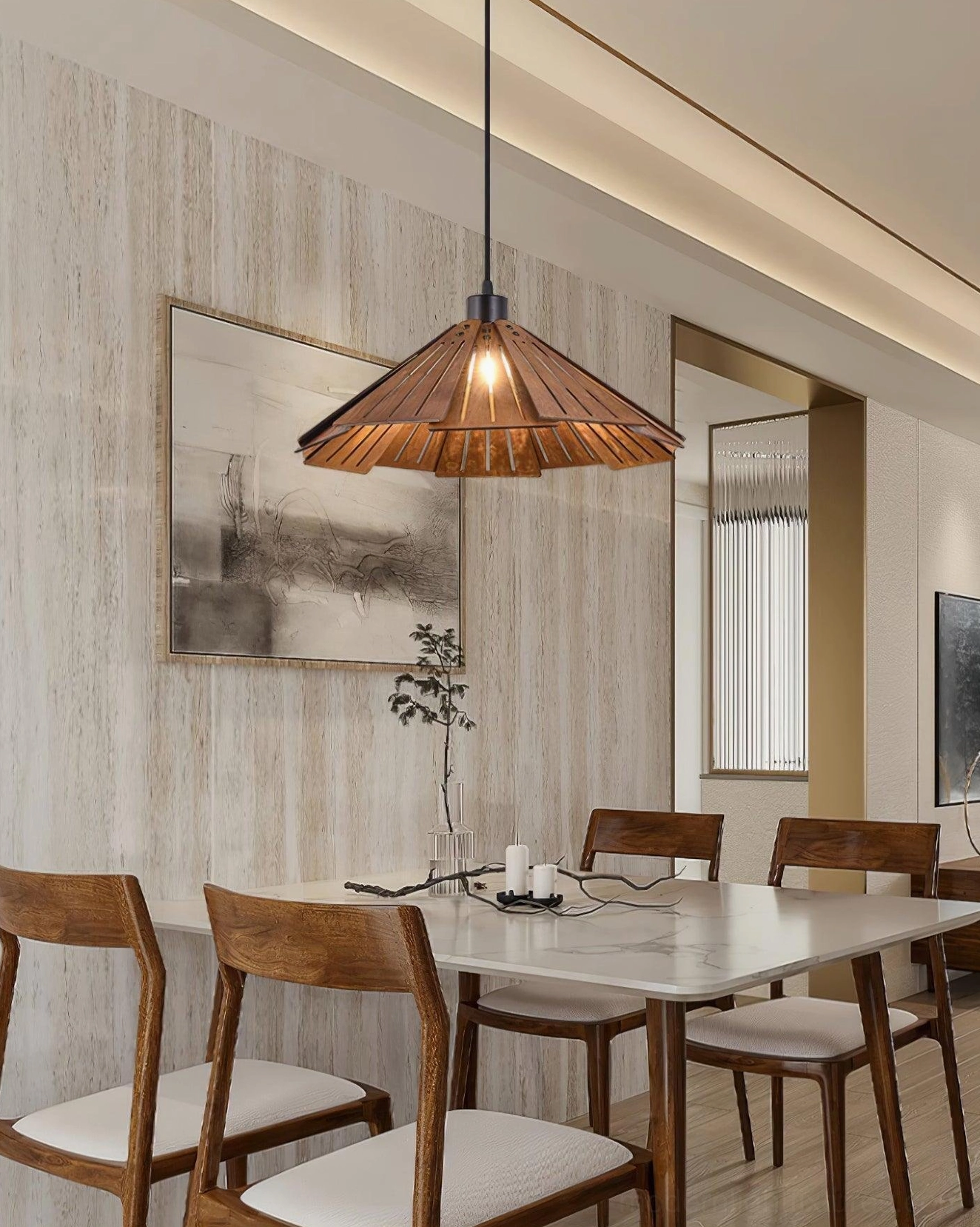 Delfina wooden pendant lamp multi-fixture installation for layered kitchen lighting