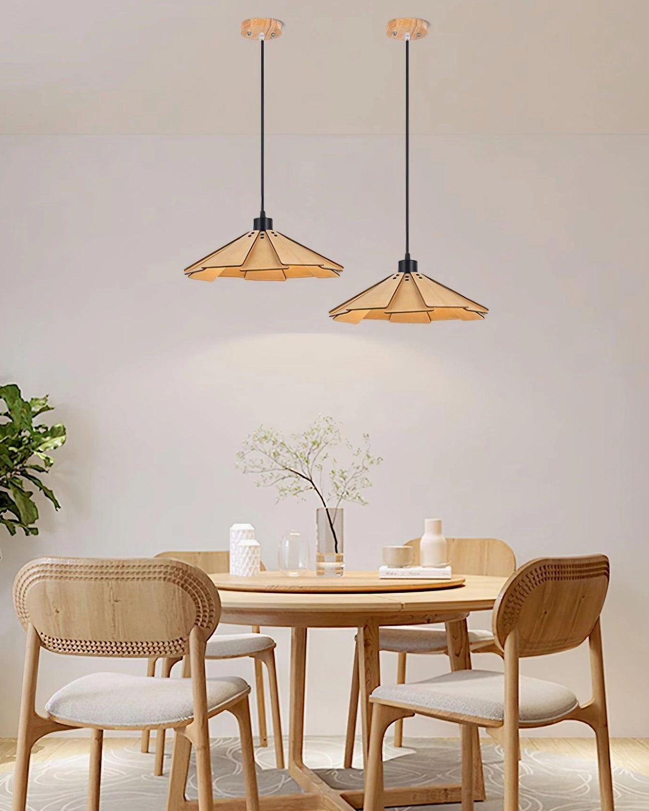 Delfina pendant light detail shot showing folded wood slat construction and craftsmanship