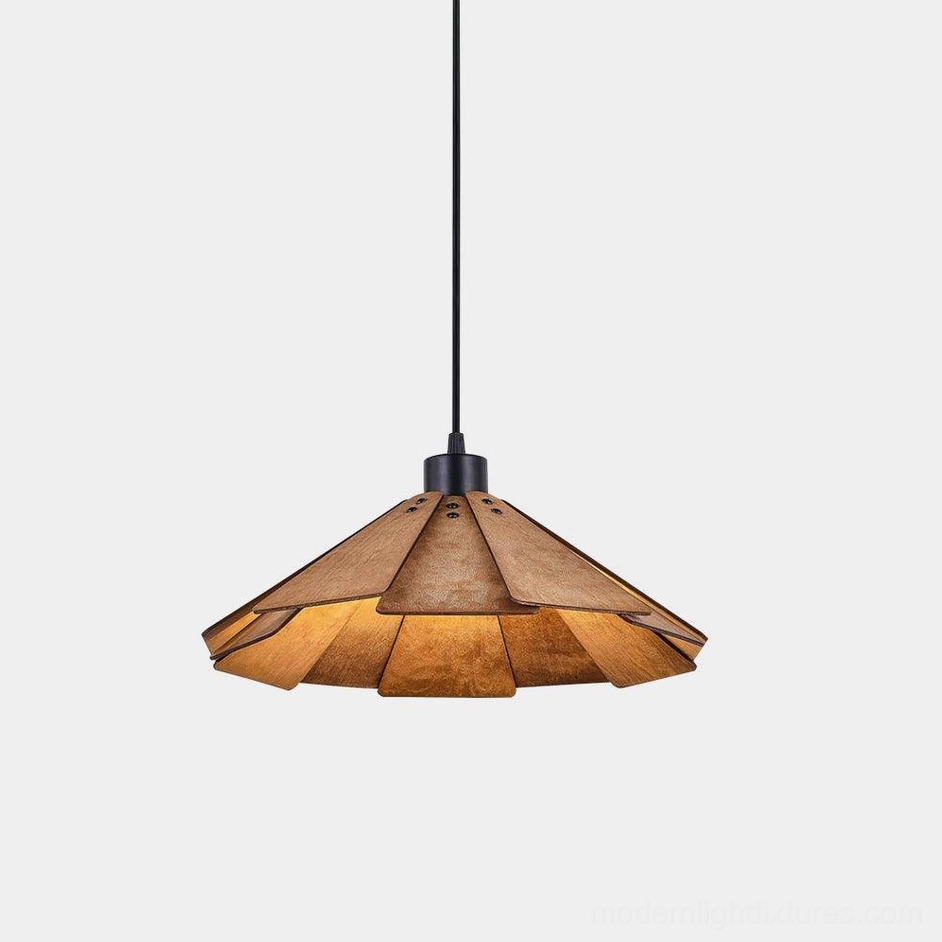 Delfina wood pendant light with folded wood slat shade close-up detail on white background