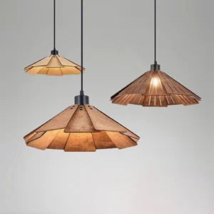 Set of three Delfina wood pendant lights in varying sizes showing coordinated Wabi-Sabi design